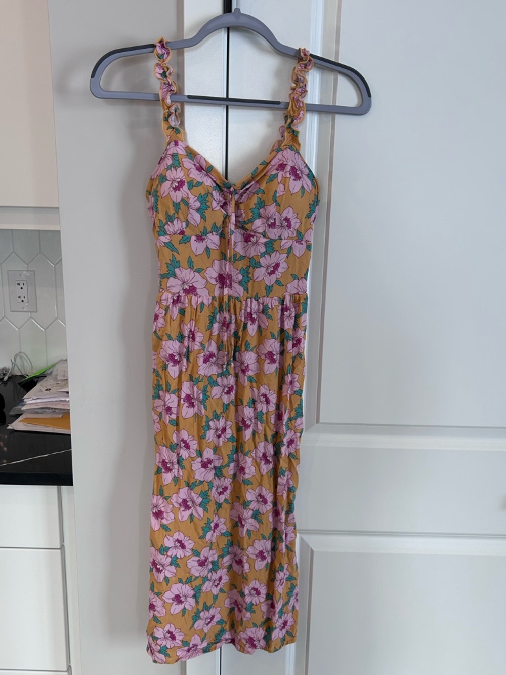 AUW Floral Sundress Tie Front Ruched Strap Summer Midi Dress Boho Cottagecore